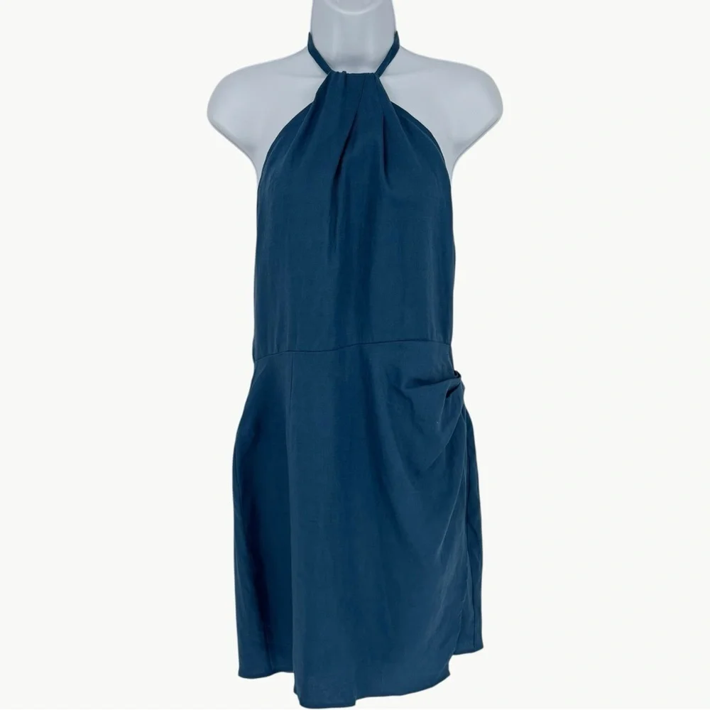 NWT Reformation Dory 100% Linen Halter Faux Wrap Mini Dress | Sz 10 | Blue - Picture 2 of 15
